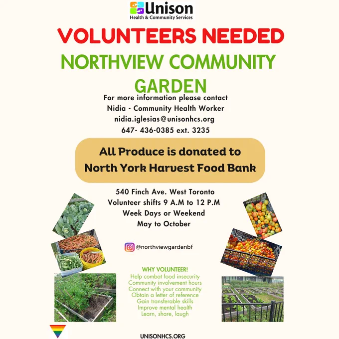 A poster in the Northview Community Garden requesting volunteers to assist with gardening and community projects.