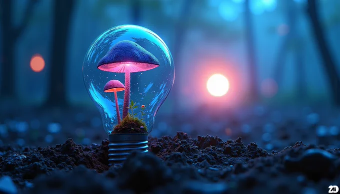 Prompt: LED bulb with mushrooms growing inside, planted in soil, realistic, sunrise in the background, nature, detailed, color gradation, gorgeous colors, indistinguishable from reality
