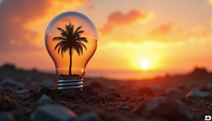 Prompt: LED bulb with palm tree growing inside, planted in soil, realistic, sunrise in the background, nature, detailed, color gradation, gorgeous colors, indistinguishable from reality
