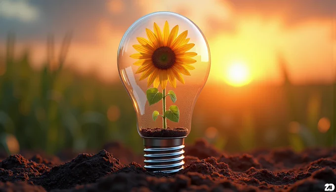 Prompt: LED bulb with sunflower growing inside, planted in soil, realistic, sunrise in the background, nature, detailed, color gradation, gorgeous colors, indistinguishable from reality