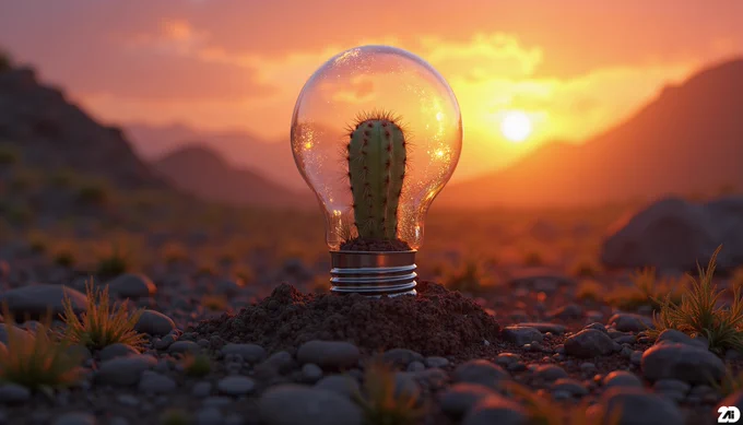 Prompt: LED bulb with cactus growing inside, planted in soil, realistic, sunrise in the background, nature, detailed, color gradation, gorgeous colors, indistinguishable from reality