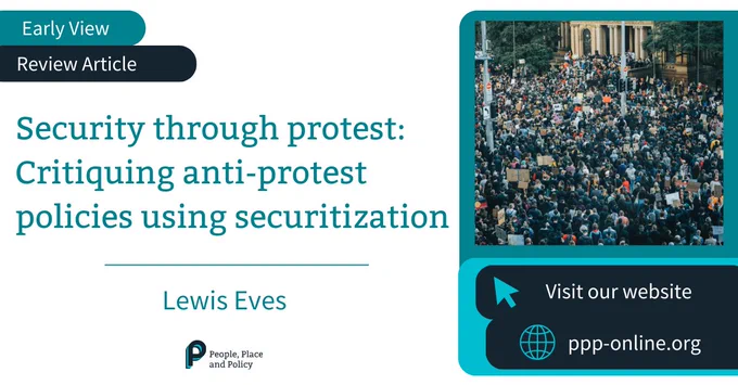 The graphic shows the title of the article, its author, the issue and volume it was published under and the type of article it is. There is also a picture of a large protest. This is an image of a large group of people, some of whom have signs, from a distant, aerial perspective on the right-hand site. The PPP journal logo is placed at the bottom of the graphic.