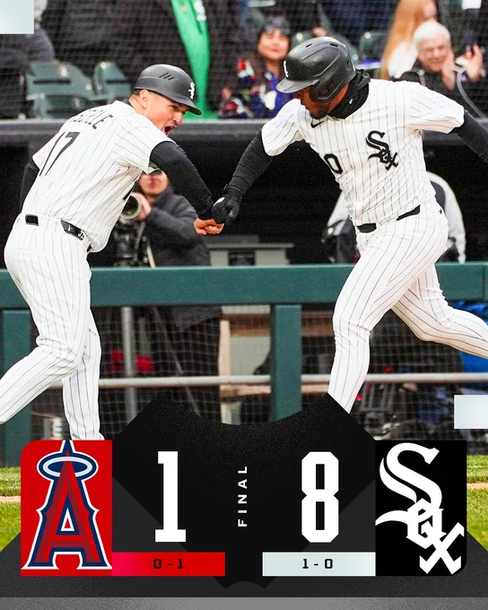 Final Score Graphic, 3/27/2025
Final: Los Angeles Angels 1 (0-1), Chicago White Sox 8 (1-0)
Pictured: Lenyn Sosa celebrates while rounding the bases after hitting a home run. He is wearing a home white pinstriped Chicago White Sox jersey and a black batting helmet.