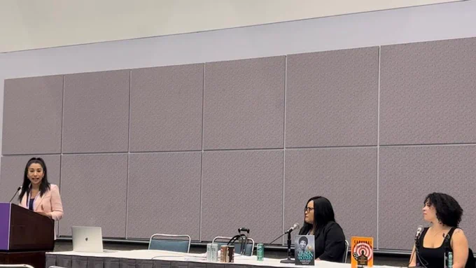 Coriolis Founder Nanda Dyssou with Professor Donna J. Nicol, author of "Black Woman on Board" and Brittany Friedman author of "Carceral Apartheid" discussing "From Research to Recognition" at #AWP2025.