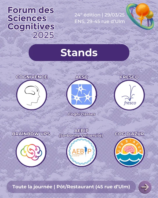 Affiche présentant les stands au Forum des Sciences Cognitives 2025. Toutes les informations sont sur le lien "FSC 2025 Billetterie" dans notre bio