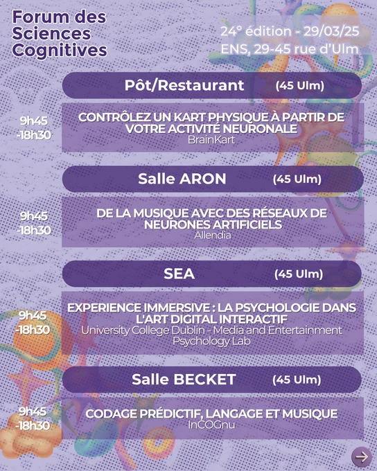 Lieux et heures des ateliers et animations du Forum des Sciences Cognitives 2025. Toutes les informations sont sur le lien "FSC 2025 Billetterie" dans notre bio.