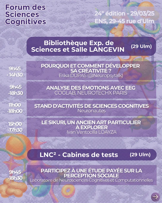 Lieux et heures des ateliers et animations du Forum des Sciences Cognitives 2025. Toutes les informations sont sur le lien "FSC 2025 Billetterie" dans notre bio.