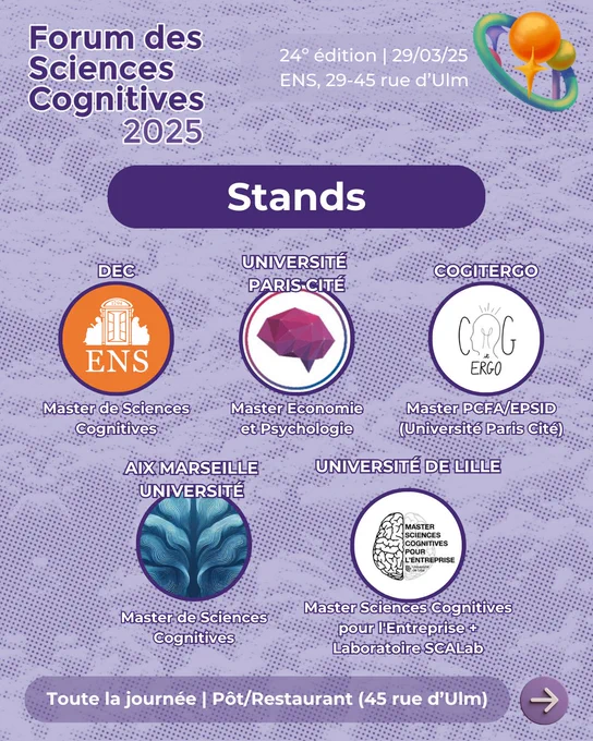 Affiche présentant les stands au Forum des Sciences Cognitives 2025. Toutes les informations sont sur le lien "FSC 2025 Billetterie" dans notre bio
