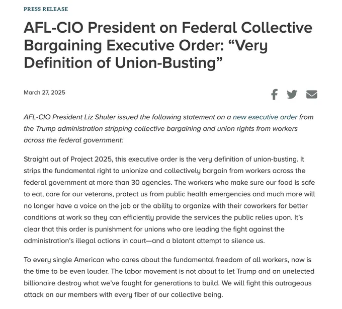 Screenshot of the AFL-CIO's statement condemning the Trump administration's executive order stripping collective bargaining and union rights from workers across the federal government.  
