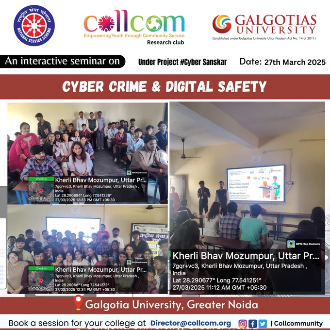 Empowering NSS Volunteers at Galgotias University with Digital Awareness!
Delivered an engaging session on Cyber Crime Awareness during the 7-Day NSS Special Camp. Volunteers learned about digital frauds, reporting mechanisms, and steps to become Cyber Smart. Grateful for the enthusiastic participation and positive feedback from future changemakers.
