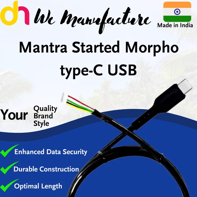 This photo features the Mantra Started Morpho Type-C USB cable for safe and efficient data transfer. The cable offers improved data security, long-lasting construction, and perfect length, making it a stable option to use for different purposes. Its "Made in India" stamp emphasizes local manufacturing quality. The style accentuates the bare wires, highlighting the internal structure for openness and trust. Ideal for users in need of a high-quality, solid, and secure Type-C USB cable.