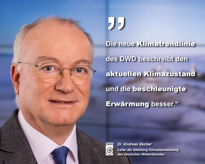 Zitatkachel von Dr. Andreas Becker, Leiter der Klimaüberwachung des DWD: "Die neue Klimatrendlinie des DWD beschreibt den aktuellen Klimazustand und die beschleunigte Erwärmung besser."