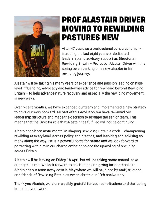 Prof Alastair Driver moving to rewilding pastures new