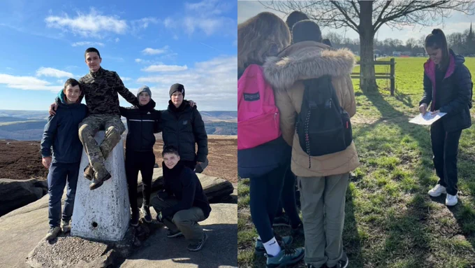 Left image shows a group of five individuals posing around a summit marker on a sunny day with a clear blue sky and distant hills in the background.
 
Right image has four individuals engaging in a discussion while one person reads from a map, standing near a wooden fence in a rural setting.