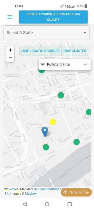 Our community air quality monitors display as green dots (good), meaning there is little to no risk of air pollution.