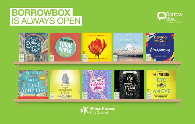 Recently added audiobook covers lined up on two shelves. Text reads Borrowbox is always open. Logos: Milton Keynes City Council and Borrow Box.