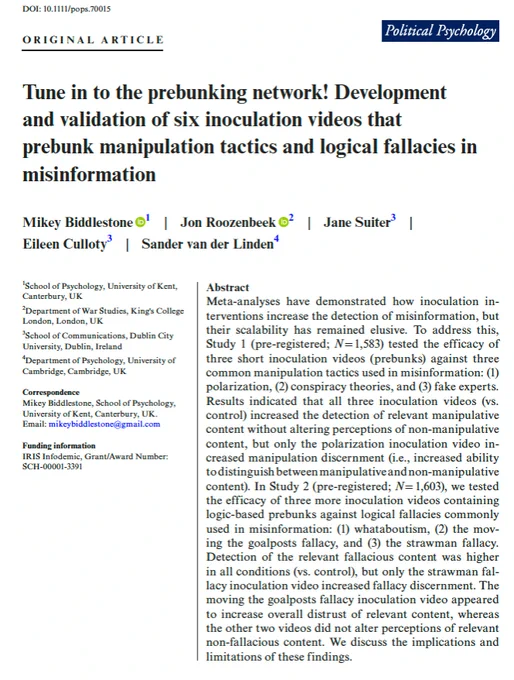 Landing page for our new open access article “Tune in to the prebunking network! Development and validation of six inoculation videos that prebunk manipulation tactics and logical fallacies in misinformation”, published in Political Psychology.