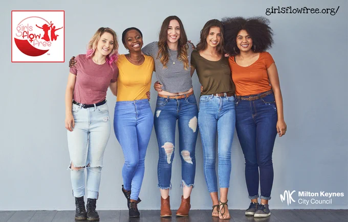 Five teenage girls standing in a line with their arms linked and smiling at the camera. Link: https://girlsflowfree.org/ Logos: Girls Flow Free and MK City Council.