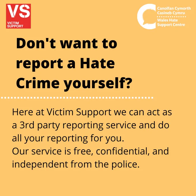 Black text on yellow background. Bold text in larger letters reads “Don’t want to report a Hate Crime yourself?”. Smaller text reads “Here at victim support we can act as a 3rd party reporting service and do all your reporting for you. Our service is free, confidential, and independent from the police.”
