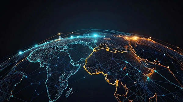 Computer generated image of continents of the world lit up. 