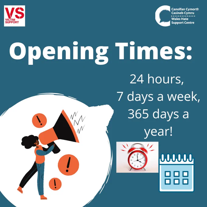 Illustration of person holding a megaphone with exclamation marks around them. Also includes icons of an alarm clock and calendar. Text reads: “Opening times: 24 hours, 7 days a week, 365 days a year”
