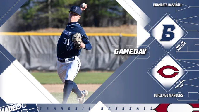 TEXT: GAMEDAY! Brandeis Baseball vs University of Chicago Maroons, March 28, 3 PM (DH), Stein Diamond
IMAGE: Ryan Antrim delivering a pitch during a baseball game