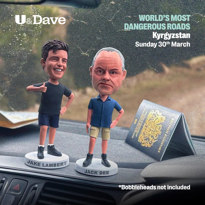 Bobbleheads of Jake Lambert and Jack Dee on the dashboard of a car. Text reads: World's Most Dangerous Roads, Kyrgyzstan. Sunday 30th March