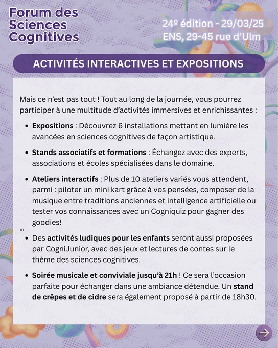 J-1 avant le Forum des Sciences Cognitives 2025. Affiche présentant le programme du forum. Toutes les informations sont sur le lien "FSC 2025 Billetterie" dans notre bio.