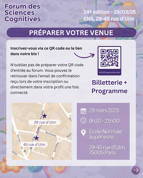 J-1 avant le Forum des Sciences Cognitives 2025. Affiche présentant le programme du forum. Toutes les informations sont sur le lien "FSC 2025 Billetterie" dans notre bio.