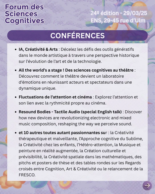 J-1 avant le Forum des Sciences Cognitives 2025. Affiche présentant le programme du forum. Toutes les informations sont sur le lien "FSC 2025 Billetterie" dans notre bio.
