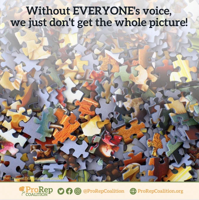 A photograph of a jumbled set of jigsaw puzzle pieces with the text, "Without EVERYONE's voice, we just don't get the whole picture!"

ProRepCoalition, @ProRepCoalition, ProRepCoalition.org.