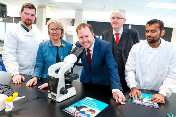 (L-R) PhD researcher Aaron Curtis, MU President Prof Eeva Leinonen, Minister James Lawless, IUA Director General Jim Miley and PhD researcher Pranay Agarwal