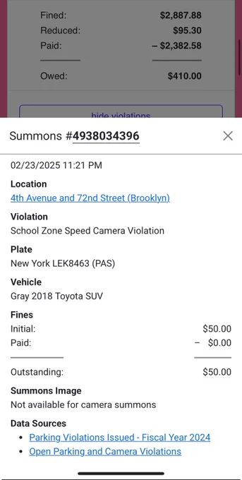 Mobile view of new violation details tool for howsmydrivingny.nyc