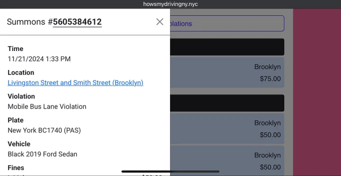 Mobile wide view of new violation details tool for howsmydrivingny.nyc