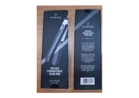 Photograph of the front and back packaging of the Elgetec Pro Hair Straighteners