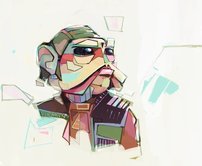 Illustrated bust of Nien Nunb from Star Wars.  He’s in a rebel alliance outfit, which is red coveralls under a black vest, and he wears a snug brown flight cap on his head.  He is an alien species known as Sullustan. He has  light pink skin with massive sagging jowls that fold once or twice before hitting his chin.  He has massive black eyes, large ears, and a protruding lower lip.  He is looking to the right, almost wistfully, but could also be an expression of curiosity.