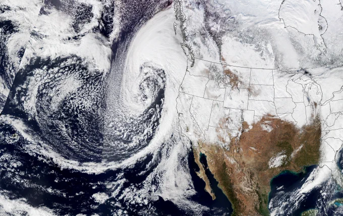 The image of atmospheric river acquired on January 4, 2023, at 1:20 p.m. Pacific Standard Time by the Visible Infrared Imaging Radiometer Suite (VIIRS) on the NOAA-20 satellite.