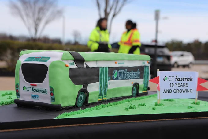 A cake in the shape of a CTfastrak bus