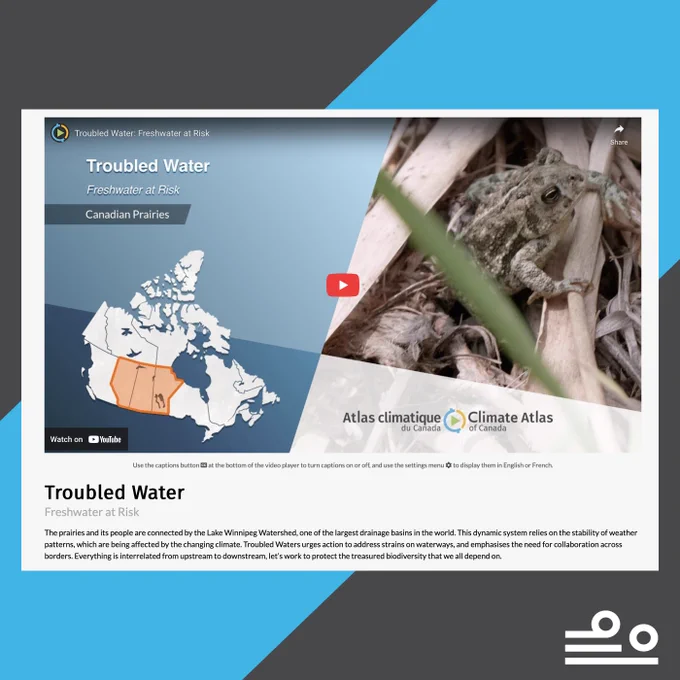 Video thumbnail for “Troubled Water: Freshwater at Risk” paired with a caption describing the video content. It is on a gray background with a blue stripe, with the Prairie Climate Centre logo in the bottom right corner.