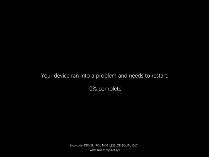 Rejuvenated bugcheck screen/BSOD in Windows 11. It is a black screen with some text saying that the user's device ran into a problem and needs to restart, with a percentage indicator. The stop code and what failed are shown at the bottom.