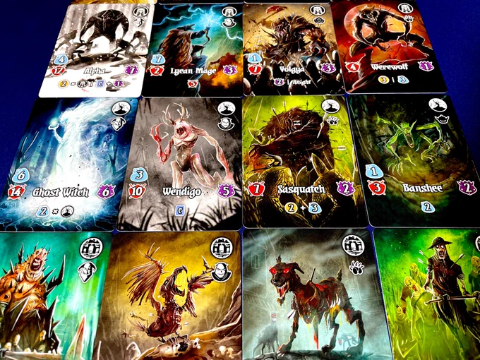 Monster cards from the Shadowvale expansion for Valeria Card Kingdoms! The card names include Alpha, Lycan Mage, Volgya, Werewolf, Ghost Witch, Wendigo, Sasquatch, and Banshee
