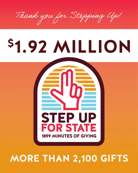 Step Up for State logo with text reading "thank you for stepping up! $1.92 million, more thank 2,100 gifts"