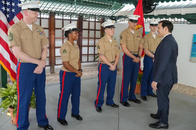 Secretary Marco Rubio talks with U.S. Marines at the U.S. Embassy Georgetown in Georgetown, Guyana, March 27, 2025. (Official State Department photo by Freddie Everett)