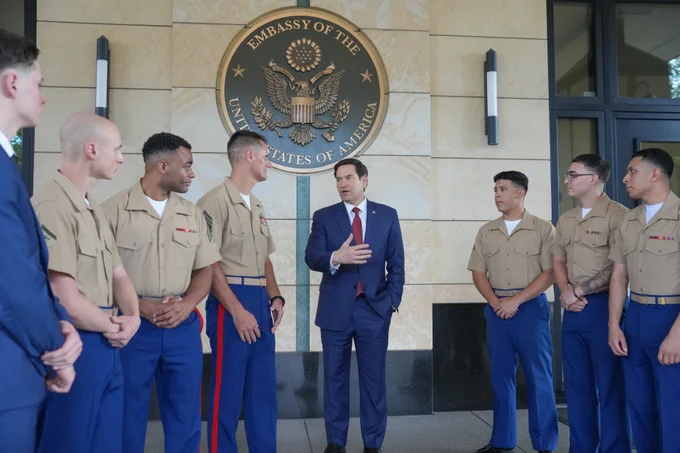 Secretary Marco Rubio meets with U.S. Marines at U.S. Embassy Kingston in Kingston, Jamaica, March 26, 2025. (Official State Department photo by Freddie Everett)