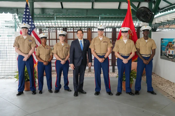 Secretary Marco Rubio poses for a group photo with U.S. Marines at the U.S. Embassy Georgetown in Georgetown, Guyana, March 27, 2025. (Official State Department photo by Freddie Everett)