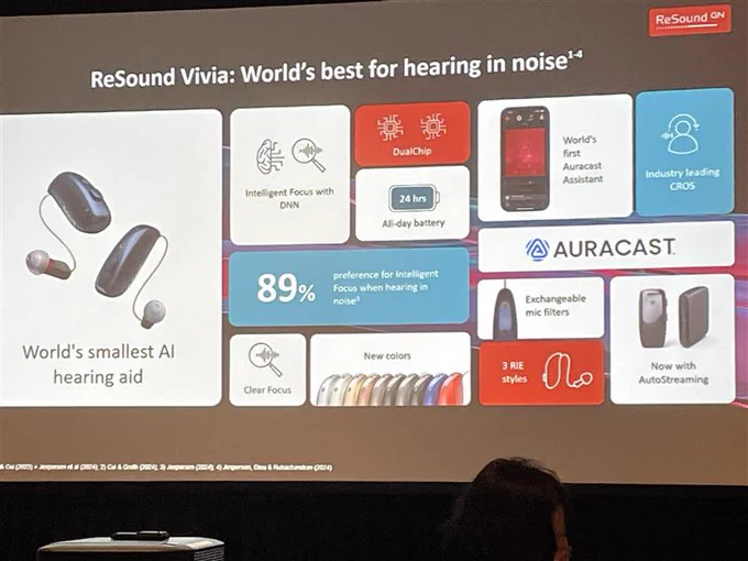 Video screen showing information about ReSound's Vivia hearing aids during their special event at the AAA2025 Conference, March 26, 2025.