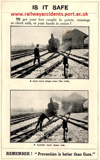 Posed staff safety photograph, showing two images - one of a worker stepping safely over rails, and the other of a worker with his foot trapped in a pair of points as a steam train approaches.