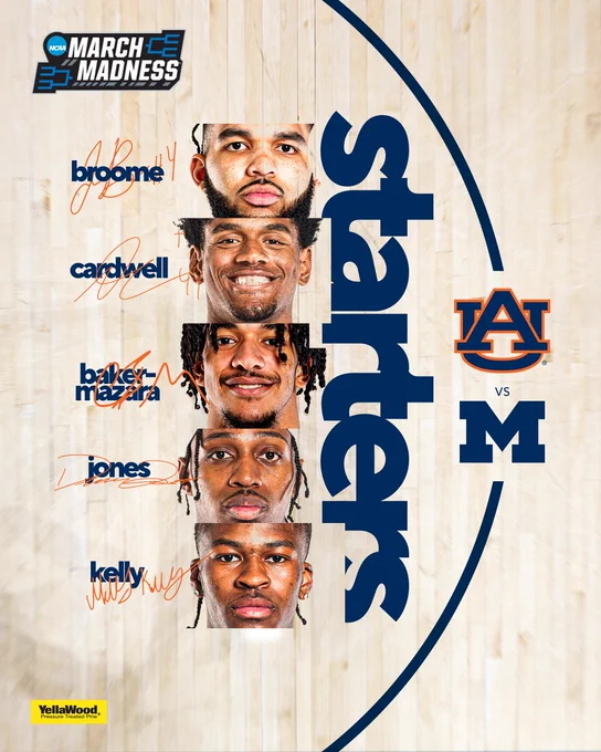 The starting five for Auburn against Michigan are: Johni Broome, Dylan Cardwell, Chad Baker-Mazara, Denver Jones, Miles Kelly