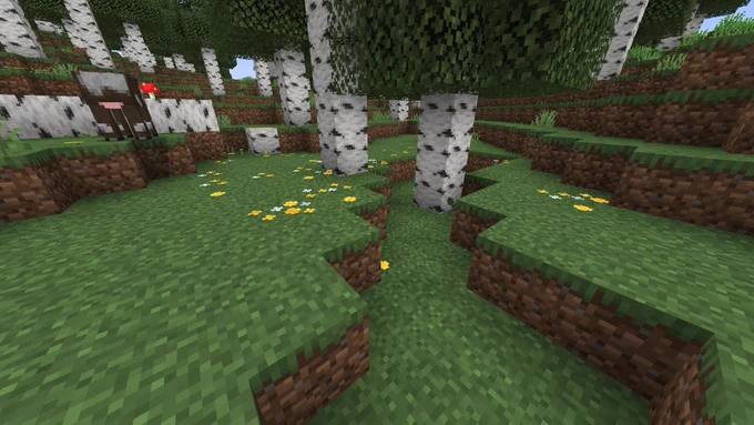 Wildflowers in a birch forest in my Minecraft world.