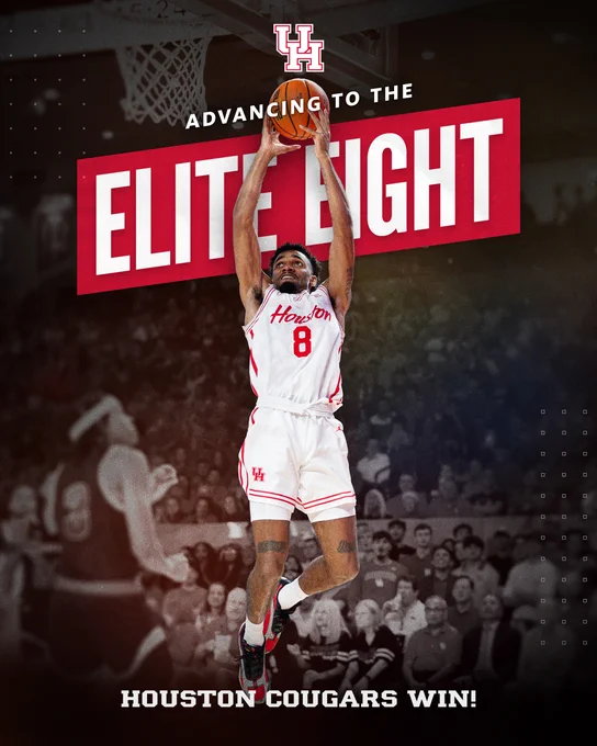 Mylik Wilson shooting a basketball with text that reads, “Advancing to the Elite Eight.”